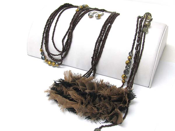 Ripped fabric deco multi row beads long chain necklace earring set