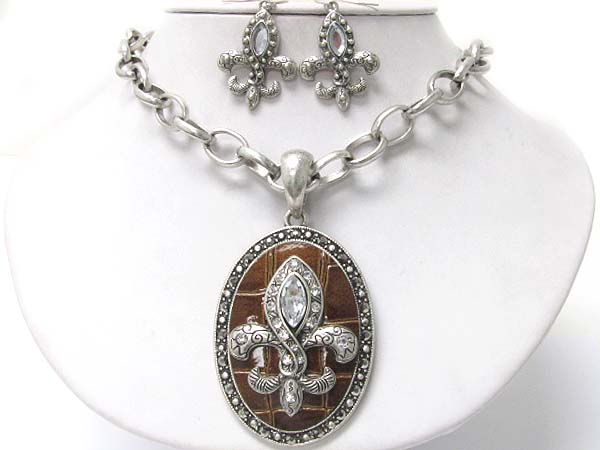 Crystal stud fleur de lis metal and leather oval pendant neckalce earring set