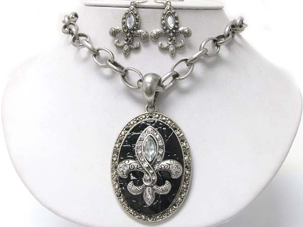 Crystal stud fleur de lis metal and leather oval pendant neckalce earring set