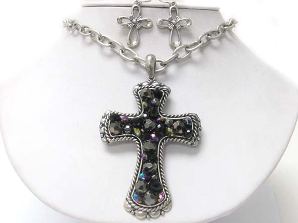 Mixed beads deco cross pendant neckalce earring set