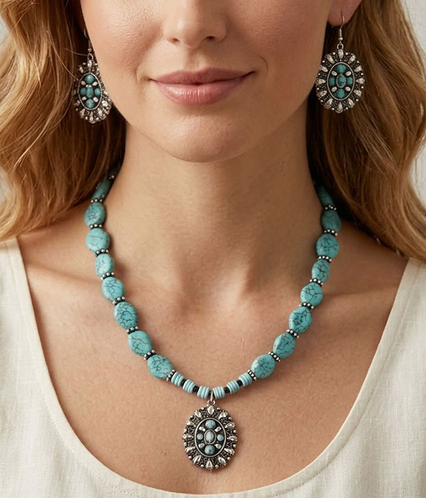 Turquoise medallion necklace and earring set