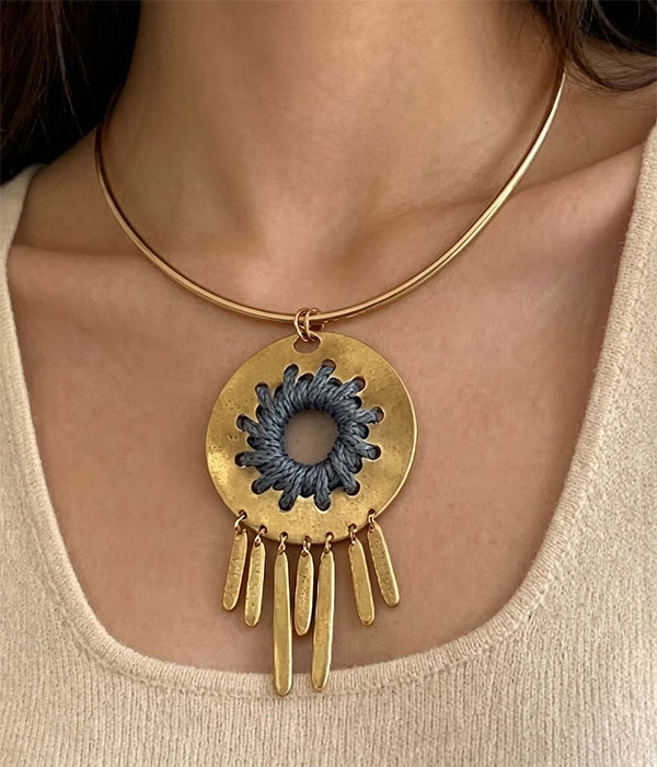 Ethnic metal disc and bar drop pendant choker necklace