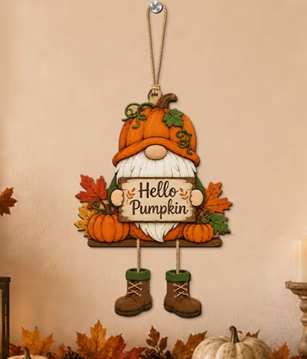 Gnome hanging wooden wall sign - pumpkin