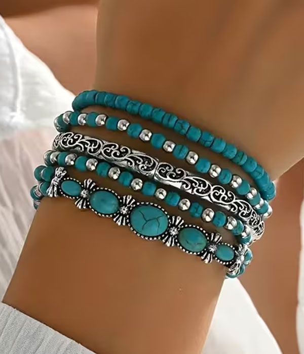 Turquoise and metal filigree 5 stretch bracelet set