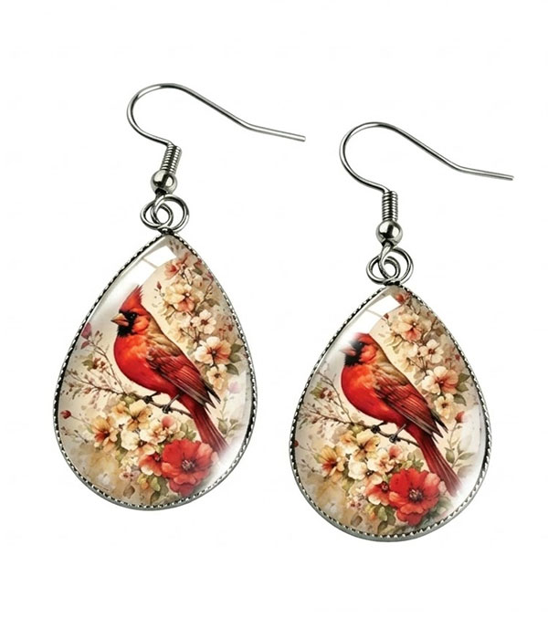 Puffy glass teardrop earring - cardinal bird