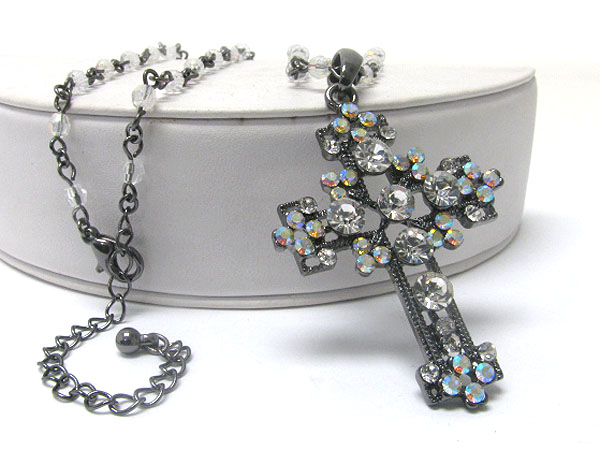 Crystal deco cross pendant long beads chain necklace