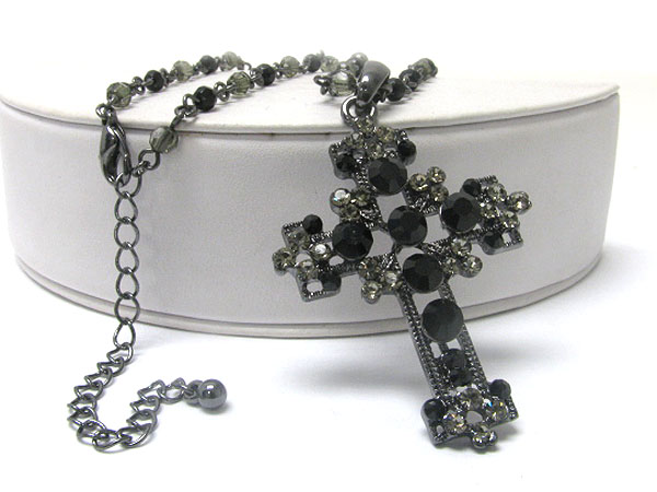 Crystal deco cross pendant long beads chain necklace