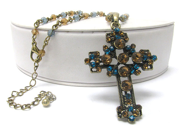 Crystal deco cross pendant long beads chain necklace