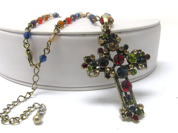 Crystal deco cross pendant long beads chain necklace