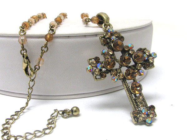 Crystal deco cross pendant long beads chain necklace