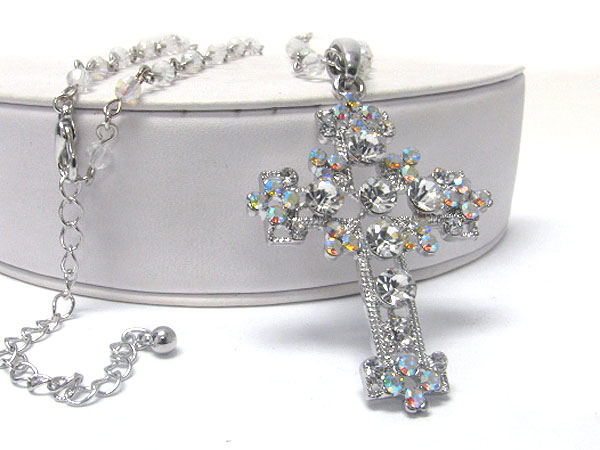 Crystal deco cross pendant long beads chain necklace