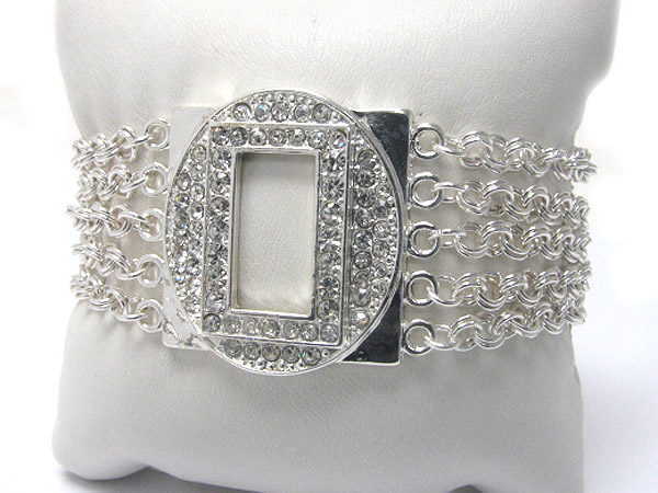 Crystal stud round disk and multi row chain link bracelet