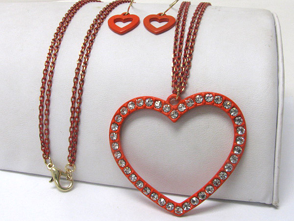 Crystal stud colored metal open heart pendant necklace earring set