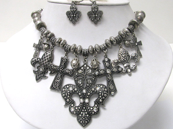 Multi crystal sud antique cross and fleur de lis charm dangle necklace earring set