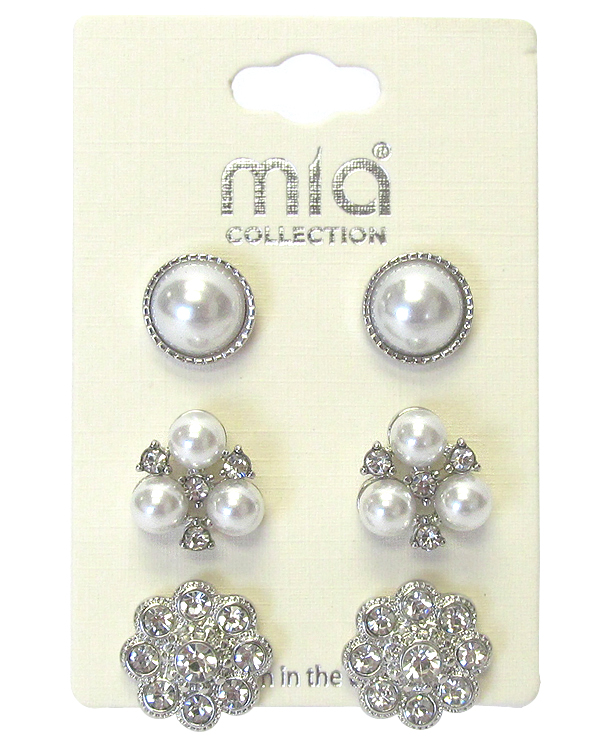 Crystal and pearl mix 3 pair earring set