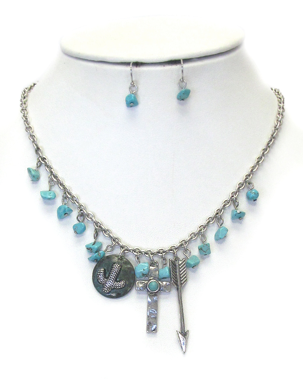 Cactus and cross charm pendant necklace set
