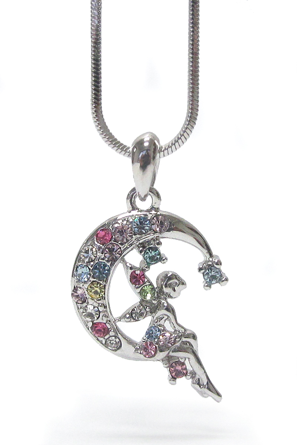 WHITEGOLD PLATING CRYSTAL FAIRY ON THE MOON PENDANT NECKLACE