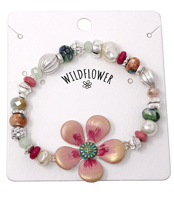 PAINT FLOWER AND MULTI BEAD MIX STRETCH BRACELET