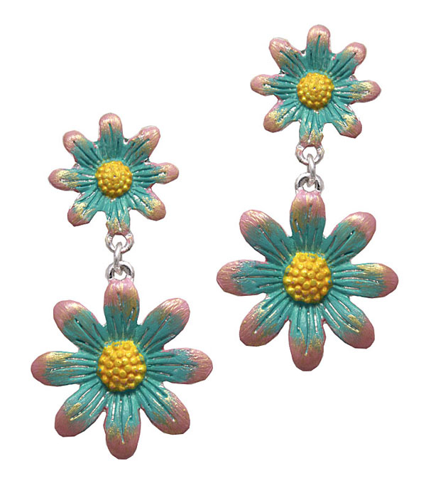 GARDEN THEME DOUBLE FLOWER DROP EARRING -PAINT FLOWER