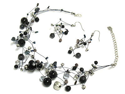 Multi shape bead and fine thread chain necklace and earring set