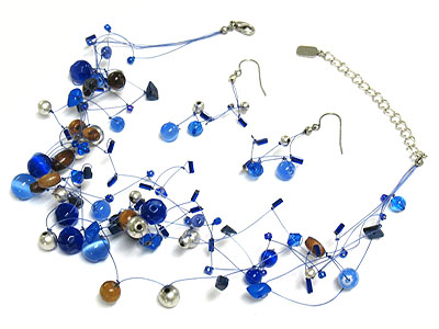 Multi shape bead and fine thread chain necklace and earring set