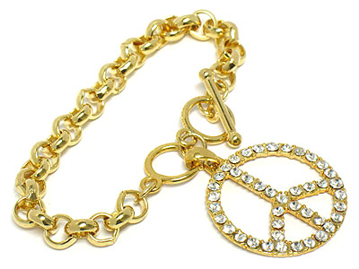 Crystal peace symbol dangle toggle bracelet