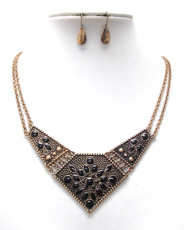 Three textured metal with epoxy designer style drop chain necklace earring set