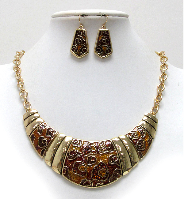 Crystal and epoxy deco hammered metal half chocker chain necklace earring set