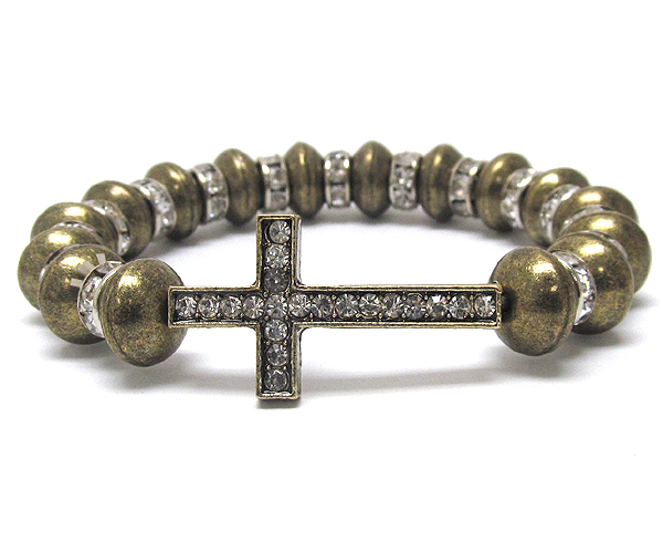 Crystal metal cross with multi rondelle crystal and scratch metal balls on stretch barcelet