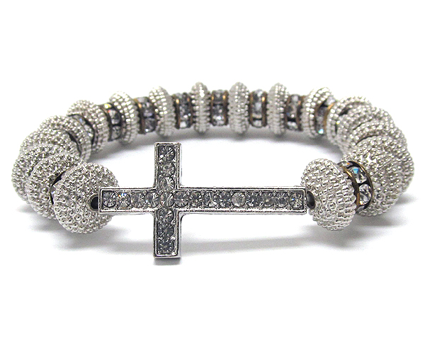 Crystal metal cross with multi rondelle crystal and textured metal balls on stretch barcelet