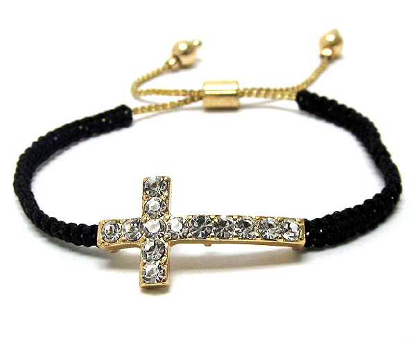 Crystal cross with balls dangle ends and metal cord fabric friendship bracelet