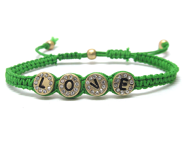 Crystal metal round disk  love message and cord friendship bracelet