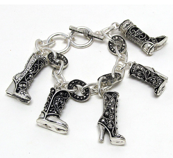 Marcasite look metal boots charm dangle toggle bracelet