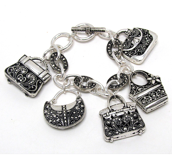 Marcasite look metal bags charm dangle toggle bracelet