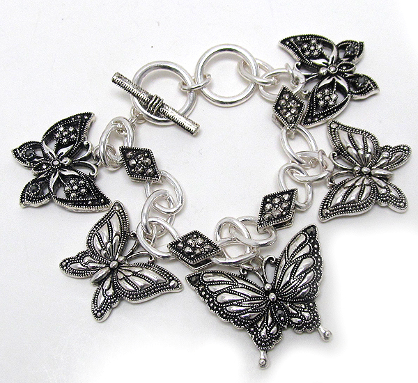 Marcasite look metal butterfly charm dangle toggle bracelet