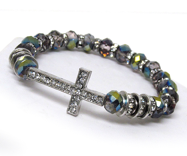 Multi crystal glass and crystal rondell and crystal cross in between stretch barcelet