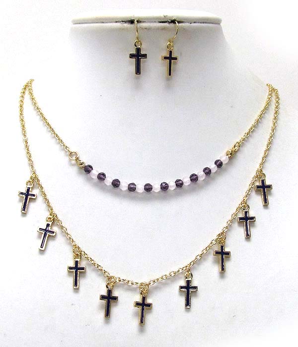 MULTI EPOXY METAL CROSS AND CRYSTAL GLASS BEADS DOUBLE CHAIN NECKLACE EARRING SET
