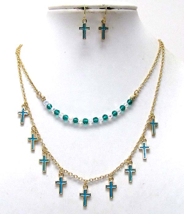 MULTI EPOXY METAL CROSS AND CRYSTAL GLASS BEADS DOUBLE CHAIN NECKLACE EARRING SET