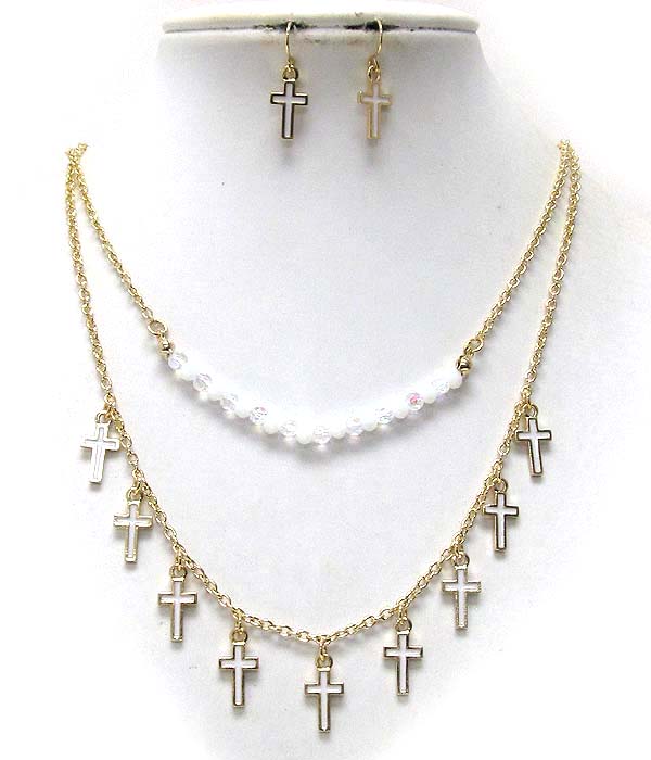 MULTI EPOXY METAL CROSS AND CRYSTAL GLASS BEADS DOUBLE CHAIN NECKLACE EARRING SET