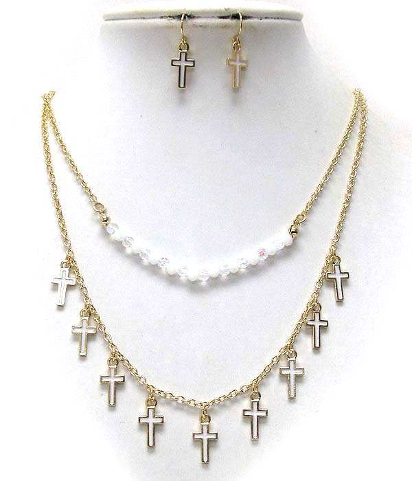Multi epoxy metal cross and crystal glass beads double chain necklace earring set