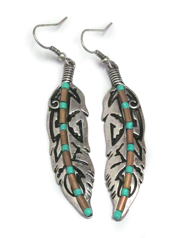Metal textured feather fish hook earrings 