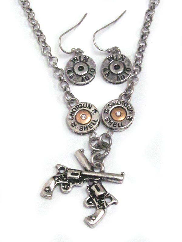 Handgun and bullet metal textured necklace set