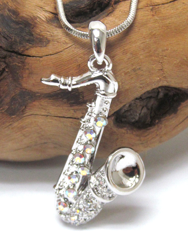 WHITEGOLD PLATING CRYSTAL MUSIC THEME SAXOPHONE PENDANT NECKLACE