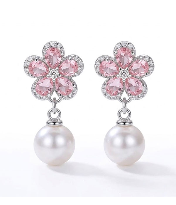 Flower and pearl drop earring