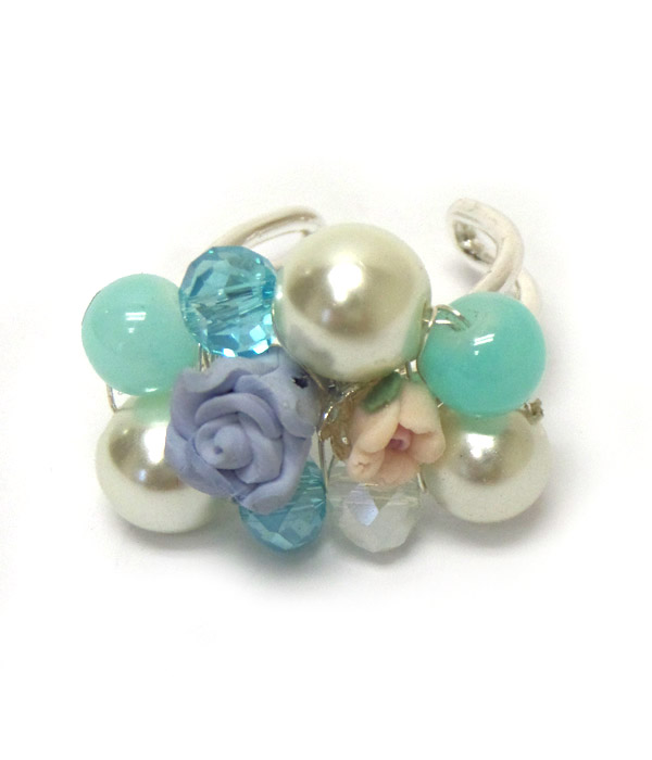 Pearl and flower mix adjustable ring