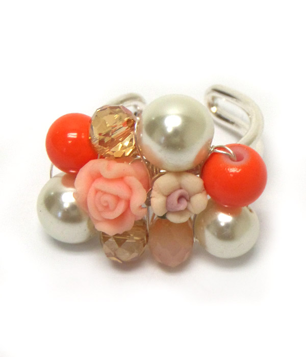 Pearl and flower mix adjustable ring