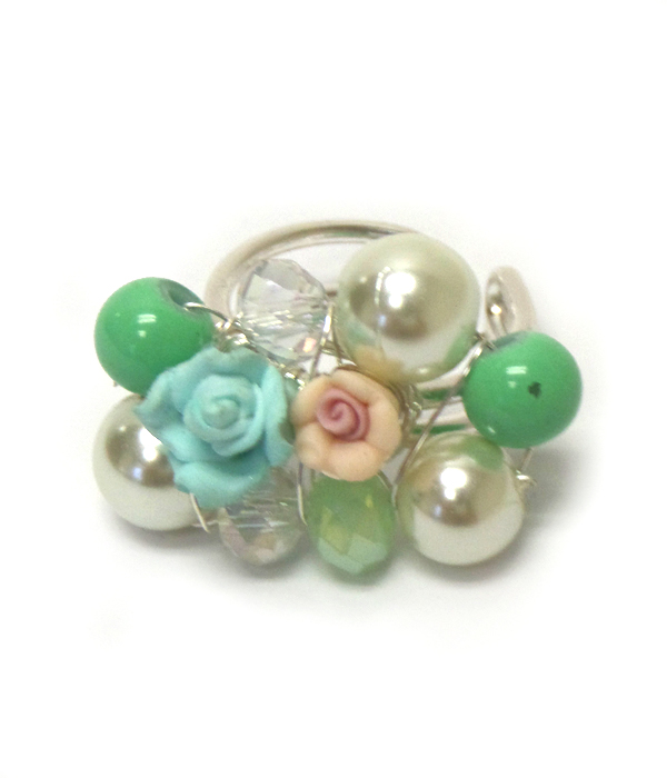 Pearl and flower mix adjustable ring