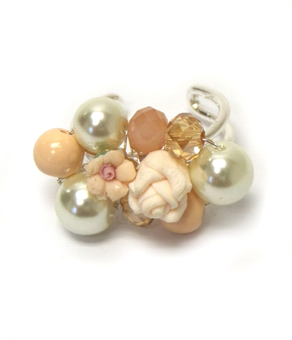 Pearl and flower mix adjustable ring