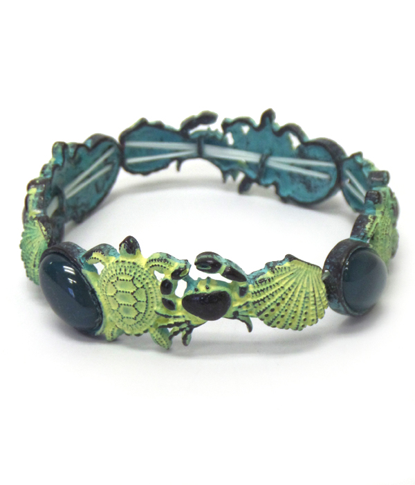 Turtle crab and shell patina stretch bracelet