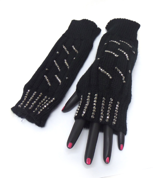 Two color crystal wave pattern open fingertip knit glove 